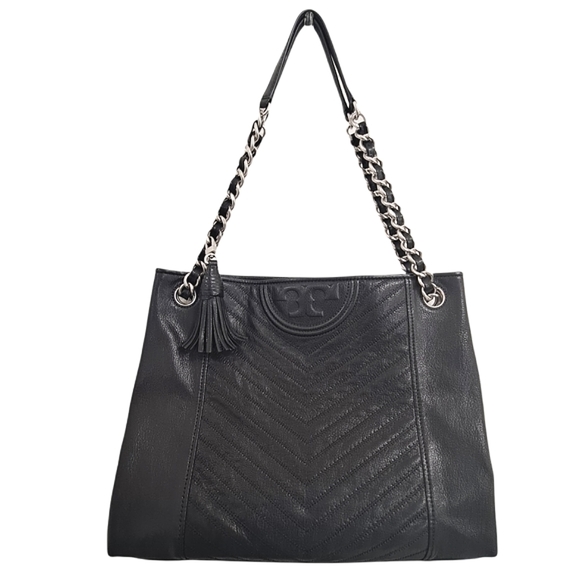 Tory Burch Handbags - Tory Burch Fleming distressed black leather Chevron chain shoulder tote handbag